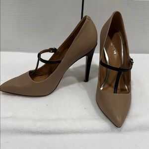 Coach Tan and Black T-Strap Heels